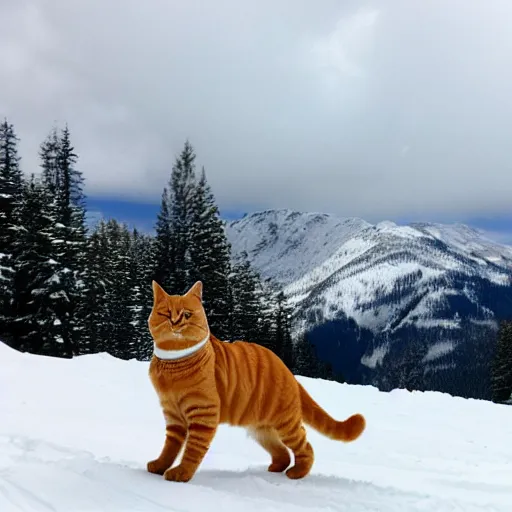 Image similar to an orange tabby cat skiing in the mountains