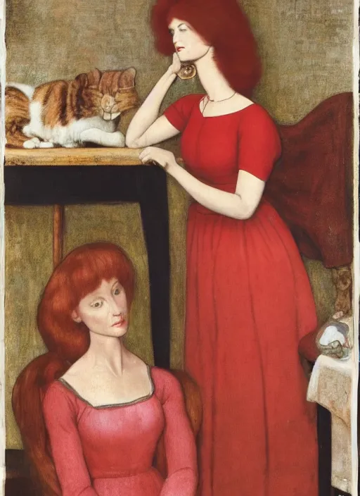 Prompt: Maniken women in red dresses, one standing, the other sitting at a wooden table, in a room of pink, a cat sitting in the corner, a woman sitting with white hair, standing with a redhead. Pre-Raphaelite style.