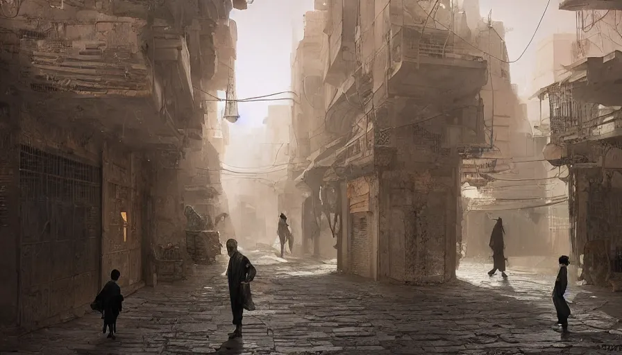 Prompt: old jeddah city alley, roshan, shops, a big magical glowing time portal, a nomad wearing a worn out coat, plants, kids, dramatic lighting sci fi, by caspar david friedrich by beeple and james gilleard and justin gerard, centered, artstation, smooth, sharp focus, photoreal octane render, 3 d, by jean baptiste monge