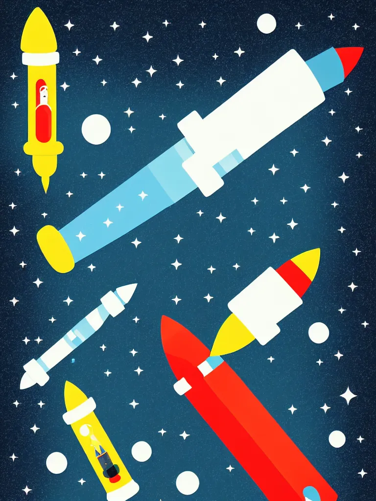 Image similar to editorial illustration scientific lab test tube telescope microscope astronaut rocket, colorful modern, mads berg