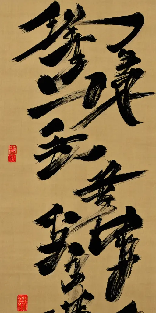 Prompt: a scroll of Chinese calligraphy presenting the characters of 正, 大, 光, 明 by Wang Xizhi, black and yellow scheme