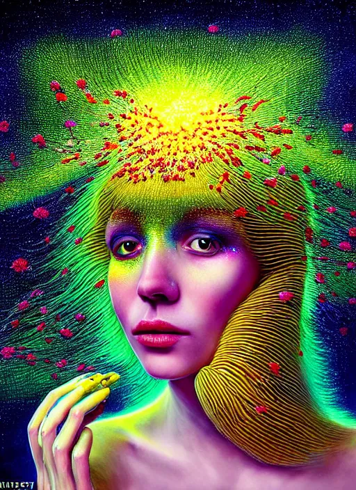 Prompt: hyper detailed 3d render like a Oil painting - Aurora (Singer) looking adorable and seen joyfully Eating of the Strangling network of yellowcake aerochrome and milky Fruit and Her delicate Hands hold of gossamer polyp blossoms bring iridescent fungal flowers whose spores black the foolish stars to her smirking mouth by Jacek Yerka, Mariusz Lewandowski, Houdini algorithmic generative render, Abstract brush strokes, Masterpiece, Edward Hopper and James Gilleard, Zdzislaw Beksinski, Mark Ryden, Wolfgang Lettl, hints of Yayoi Kasuma, octane render, 8k