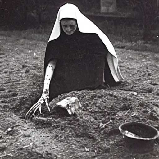 Prompt: antique photograph of an evil catholic nun digging out human bones in a graveyard, night, blurry, mysterious, horror real photo,