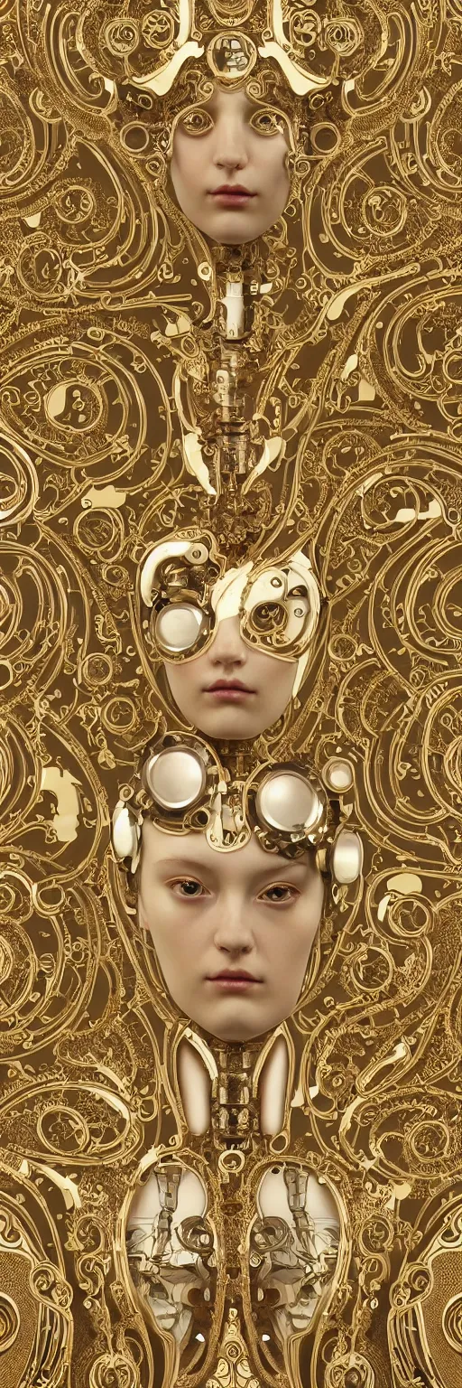 Image similar to seamless pattern of beautiful cybernetic baroque robot, beautiful baroque porcelain face + body is clear plastic, inside organic robotic tubes and parts, damask patern, front facing, wearing translucent baroque rain jacket, carved gold panel + symmetrical composition + intricate details, hyperrealism, wet, reflections + by alfonse mucha and moebius, no blur