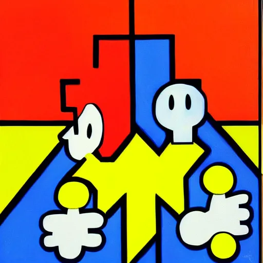 Image similar to a painting of pac - man!! being chased by 4 ghosts art by mondrian