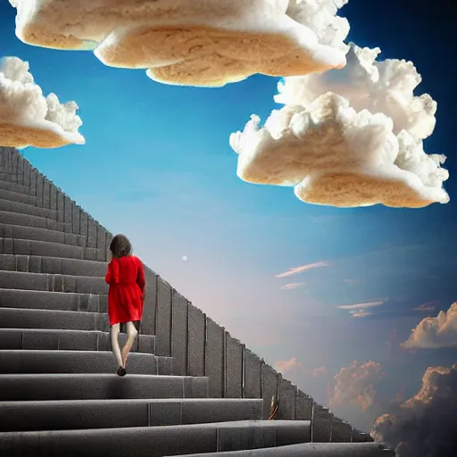 Image similar to a girl walking up an infinity staircase made of cookies in the clouds, digital art