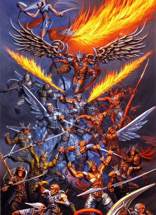 Image similar to dynamic bibilical depiction battle scene of aggressive winged silver warriors with fire crowns, d & d, muscular! crossfit, fitness, tight wrinkled cloath, vivid color scheme, atmospheric perspective, fantasy, intricate, elegant, highly detailed, digital painting, smooth, sharp focus, art by ed emshwiller and jesper ejsing