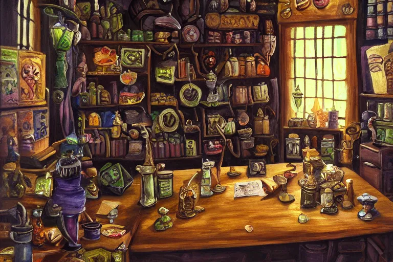 Prompt: an office of a potion master, detailed oil painting
