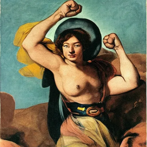 Image similar to inspiring superhero. tough guy big fist. cool colorscheme illustrated by goya goya,,,,,,, by artemisia gentileschi, by theodore gericault,