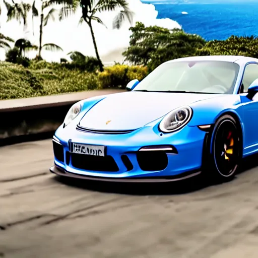 Prompt: porsche gt 3 in hawaii city, cinematic, 8 k, game