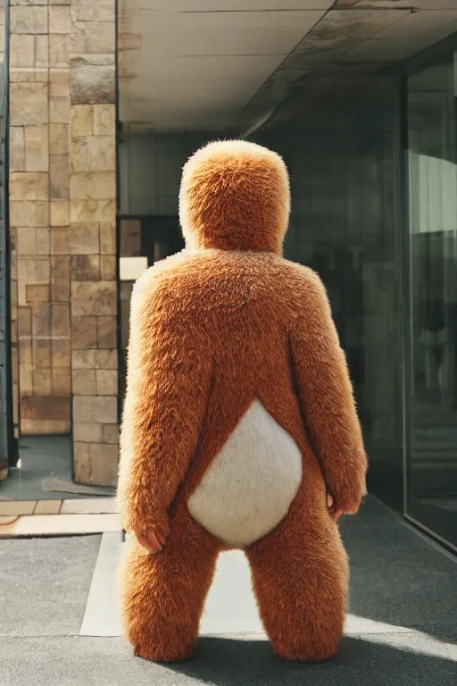 Image similar to 35mm of a very cute, simple minimal, adorable and creative Japanese mascot character costume, fuzzy, full body and head view, very magical and dreamy, designed by Gucci and Wes Anderson, kawaii, magical details