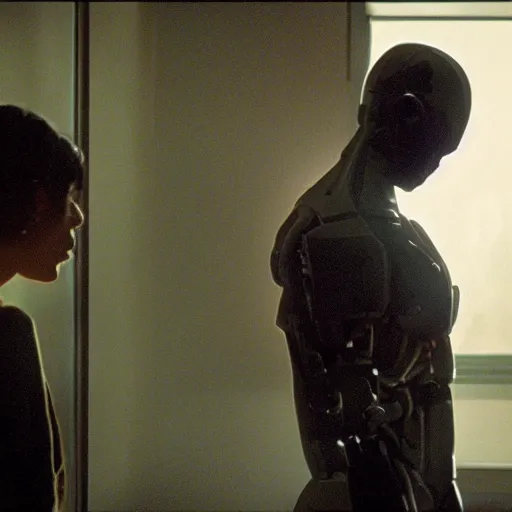 Image similar to movie still of cyborg good morning, cinematic composition, cinematic light, criterion collection, by edgar wright