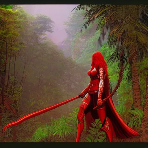 Prompt: warrior princess with red armor walking through a jungle, moebius, Jean Giraud, landscape, epic, artstation, dusk