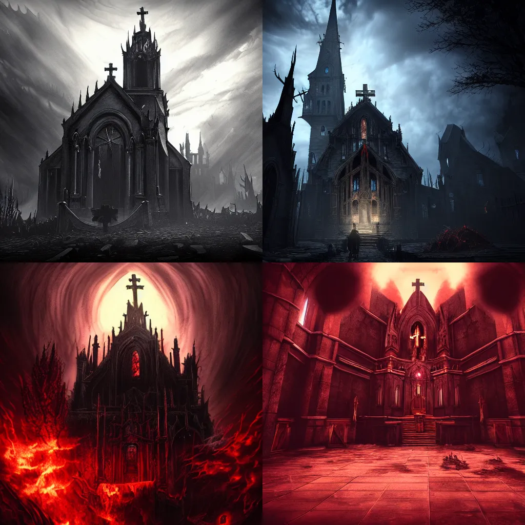 Prompt: perspective view of hell preist church building of evil, dark, fantasy, dramatic lighting, cinematic, epic composition in the style of Castlevania, Dark Souls, Bloodborne, the Witcher 3, Andreas Rocha, final fantasy