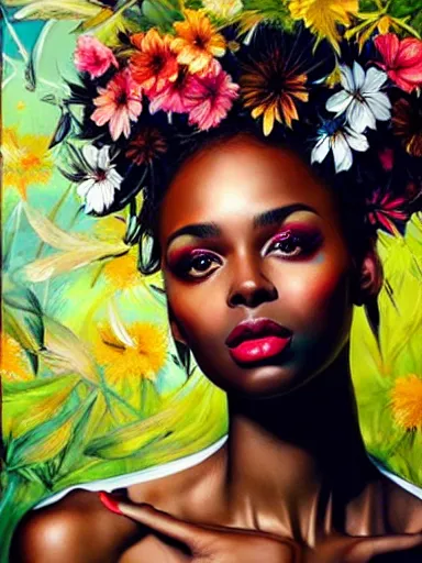 Image similar to portrait of an black woman with a floral background : : painted by artgerm, karol bak, artur bordalo, sandra chevrier : : portrait, character, illustration, hyperrealism, photorealism