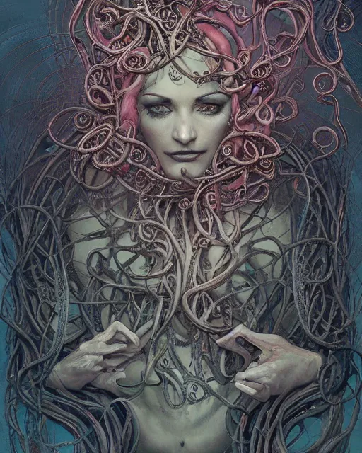 Prompt: centered beautiful detailed portrait of a insane, crazed, mad old woman, ornate tentacles growing around, ornamentation, thorns, vines, tentacles, elegant, beautifully soft lit, full frame, by wayne barlowe, peter mohrbacher, kelly mckernan, h r giger