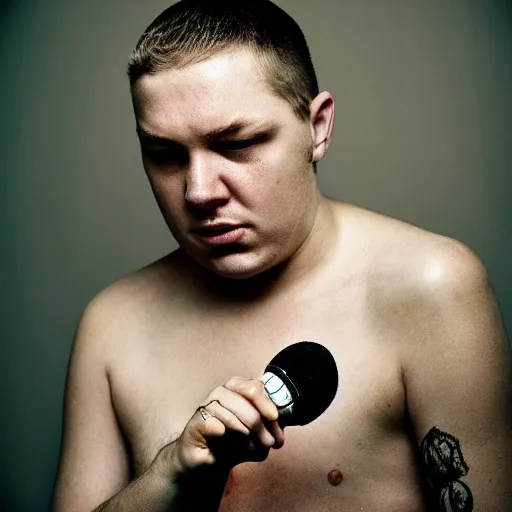 Image similar to beautiful portrait of rapper kool savas burning up a mic, by annie liebowitz, photorealistic, hyperrealism