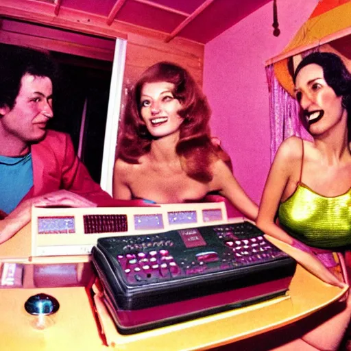 Image similar to first-person perspective view of three people wearing discowear having a party inside of a 1970s luxury cabin with a soviet computer console on the wall, ektachrome photograph, f8 aperture