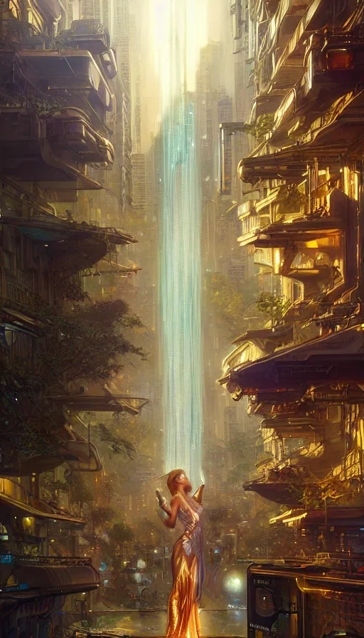 Image similar to golden goddess cutting a hyper realistic cyberpunk city in half with magic, crowded market street overtaken by lush plants, kittens, full moon, light rays, gnarly trees by tom bagshaw, mucha, gaston bussiere, craig mullins, j. c. leyendecker 8 k