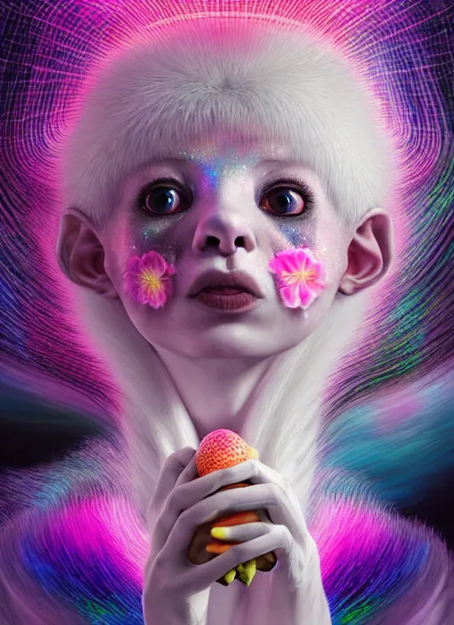 Image similar to hyper detailed 3d render like a Oil painting - kawaii portrait Aurora (white haired Singer Ferret) seen Eating of the Strangling network of yellowcake aerochrome and milky Fruit and Her delicate Hands hold of gossamer polyp blossoms bring iridescent fungal flowers whose spores black the foolish stars by Jacek Yerka, Mariusz Lewandowski, Houdini algorithmic generative render, Abstract brush strokes, Masterpiece, Edward Hopper and James Gilleard, Zdzislaw Beksinski, Mark Ryden, Wolfgang Lettl, hints of Yayoi Kasuma, octane render, 8k