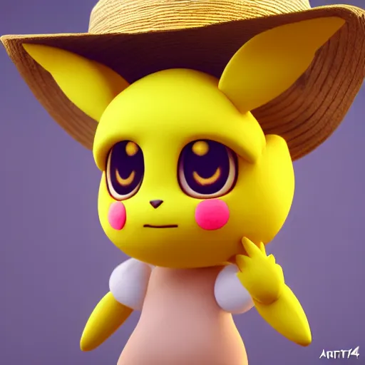 Image similar to nymph render of a very cute Pichu wearing straw hat pokemon, adorable eyes, cute smile, full round face, bright sunny time, serene forest setting, medium shot, mid-shot, highly detailed, trending on Artstation, Unreal Engine 4k