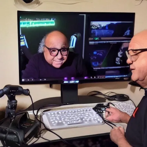 Prompt: danny devito as a twitch streamer, stream capture, microphone, screenshot, gaming livestream, source : twitch. tv, 4 k