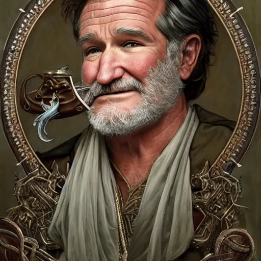 Image similar to an ultradetailed portrait of robin williams dressed as sheogorath, the elder scrolls, fantasy, intricate, elegant, highly detailed, digital painting, matte, sharp focus, illustration, art by john collier and albert aublet and krenz cushart and artem demura and alphonse mucha