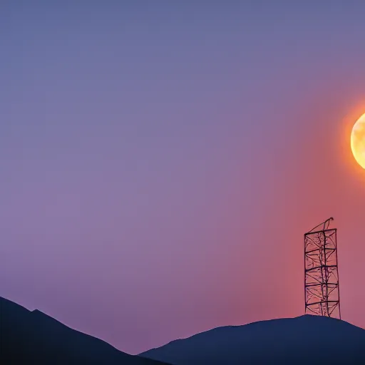 Image similar to Night photography of a misty mountain with a radio tower on top, and a yellow moon directly behind it. Lens compression