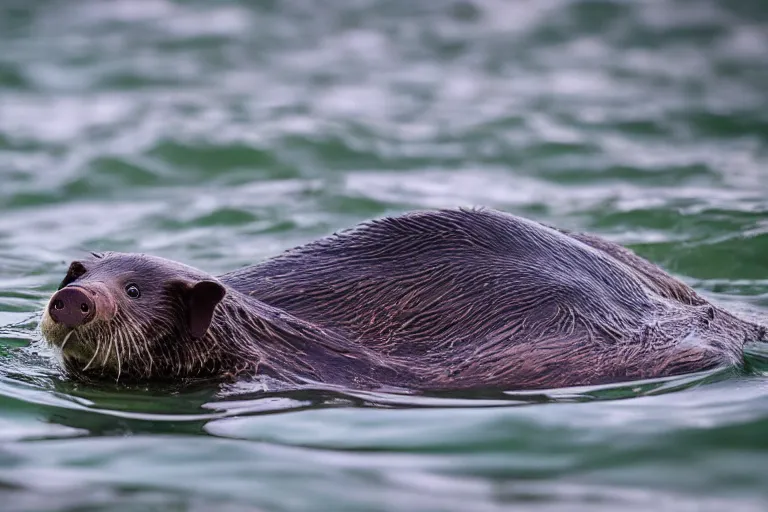 Image similar to a pig sea otter!!! hybrid! hyper realistic!! realistic lighting!! wildlife photographer of the year!!! bold natural colors, national geographic, hd, wide angle, 8 k