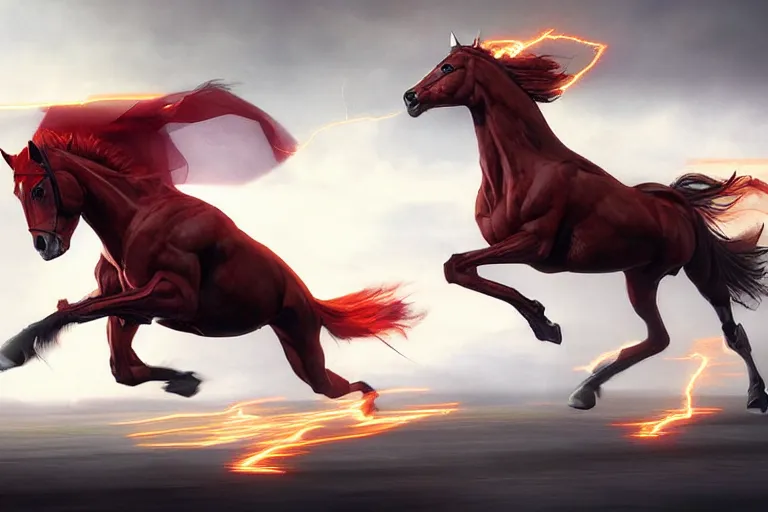 Image similar to a stunning digital painting of a horse as the flash in spandex costume, running in the speedforce by greg rutkowski, volumetric light, digital art, fine detail, photorealistic