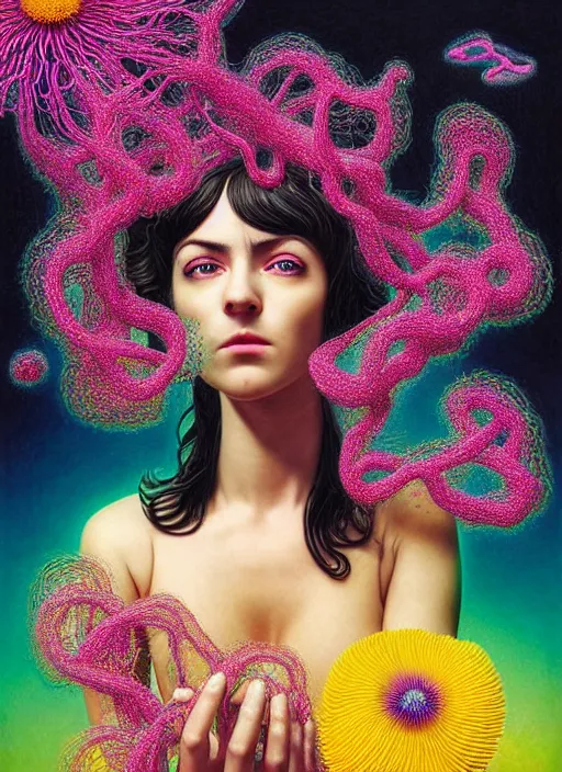 Image similar to hyper detailed 3d render like a Oil painting - Ramona Flowers with wavy black hair wearing thick mascara seen Eating of the Strangling network of colorful yellowcake and aerochrome and milky Fruit and Her delicate Hands hold of gossamer polyp blossoms bring iridescent fungal flowers whose spores black the foolish stars by Jacek Yerka, Mariusz Lewandowski, Houdini algorithmic generative render, Abstract brush strokes, Masterpiece, Edward Hopper and James Gilleard, Zdzislaw Beksinski, Mark Ryden, Wolfgang Lettl, Dan Hiller, hints of Yayoi Kasuma, octane render, 8k