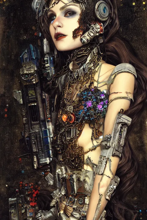 Image similar to beautiful young gothic maiden, cyberpunk, Warhammer 40000, highly detailed, artstation, illustration, art by Gustav Klimt