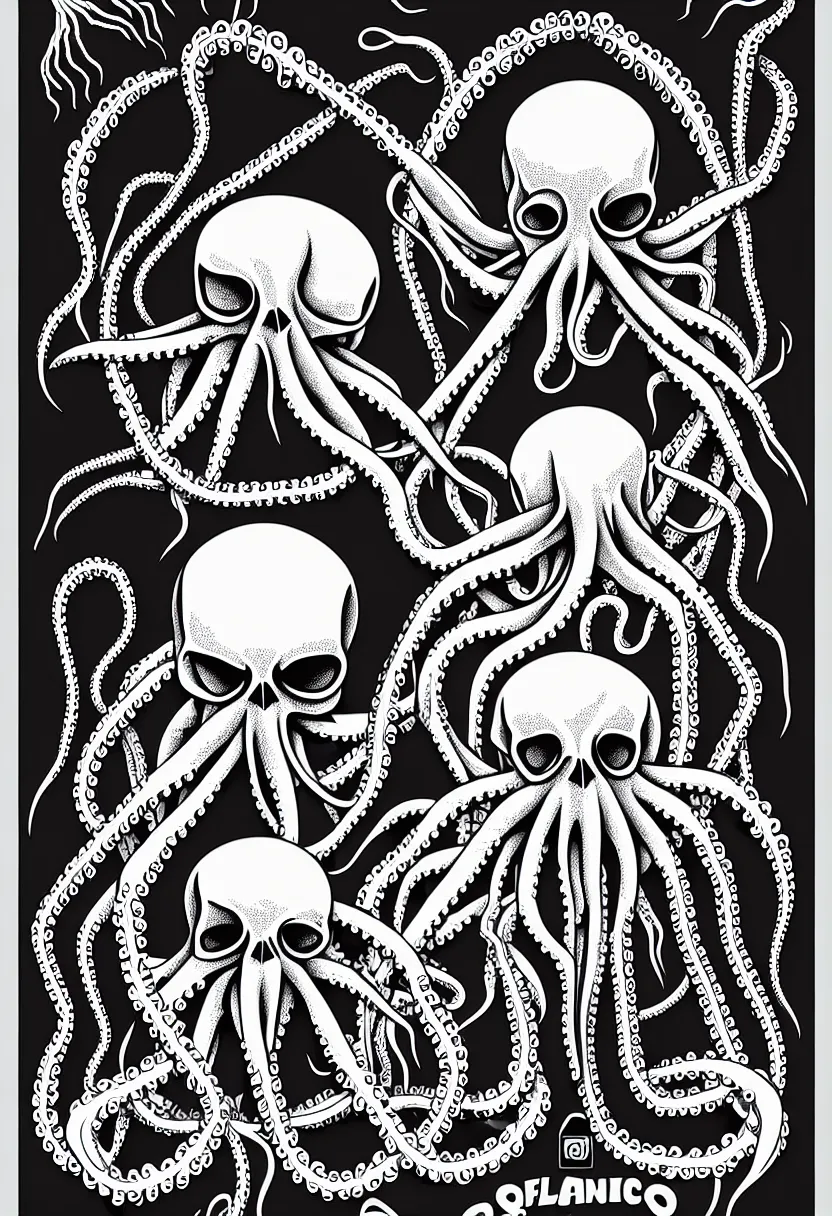 Image similar to fillmore concert poster, realistic symmetrical octopus skeleton, vector art, sticker design, 8k, highly detailed