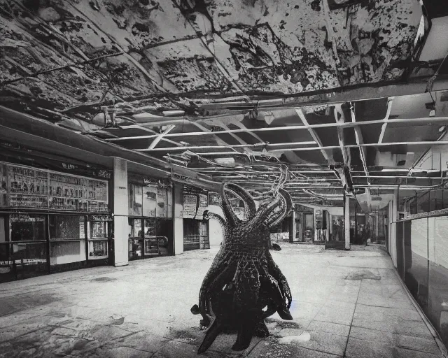 Prompt: camera footage of a extremely aggressive Giant mutated Octopus with glowing white eyes in an abandoned shopping mall, Psychic Mind flayer, Terrifying, Silhouette :7 , high exposure, dark, monochrome, camera, grainy, CCTV, security camera footage, timestamp, zoomed in, Feral, fish-eye lens, Fast, Radiation Mutated, Nightmare Fuel, Wolf, Evil, Bite, Motion Blur, horrifying, lunging at camera :4 bloody dead body, blood on floors, windows and walls :5