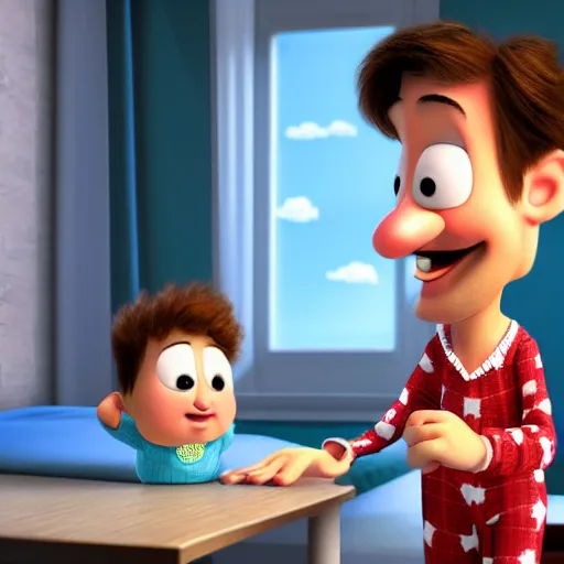 Prompt: Pajama Dan, high-quality 4k Pixar cartoon render, cute man in pajamas, 8k digital art of Pajama Dan