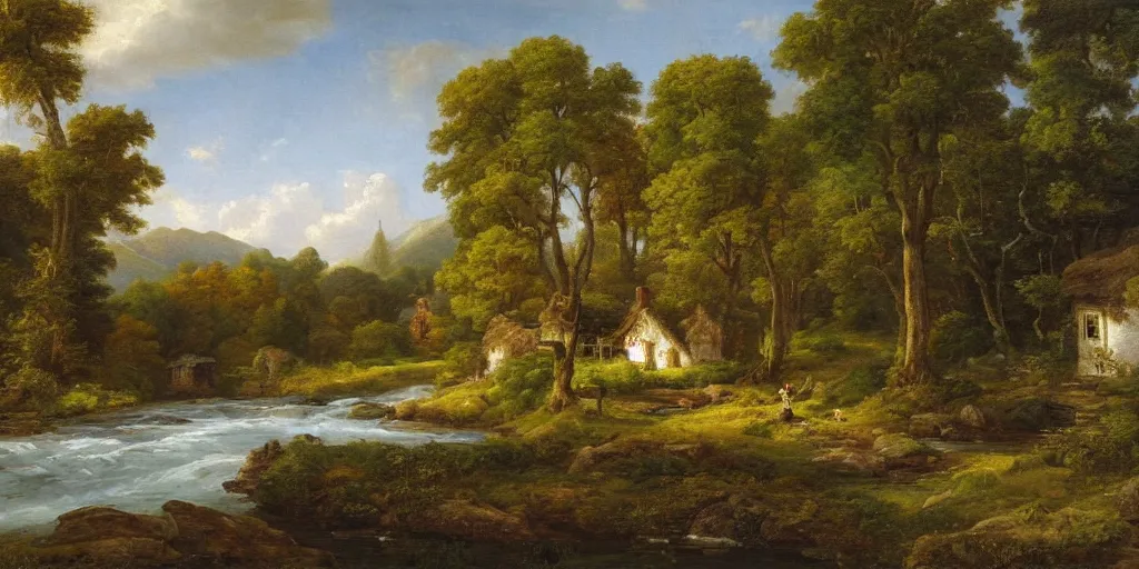 Prompt: a beautiful landscape painting of a cottage by a river in a valley, astronaut sitting by the river, by john glover, oil on canvas, highly detailed, hd, 4 k