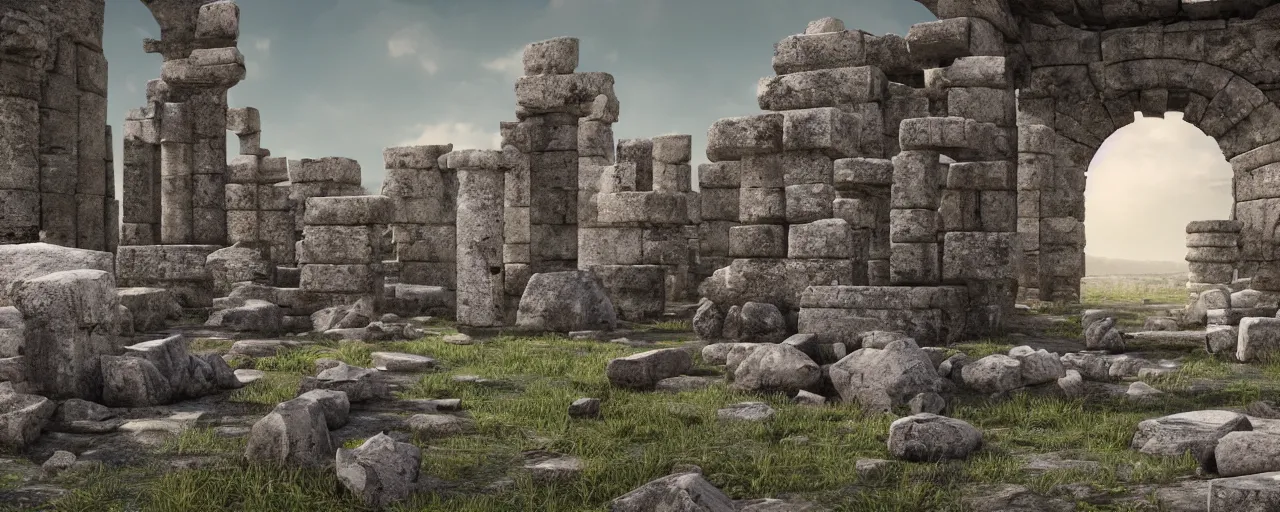 Image similar to an ancient ruined temple of the old Pagan Gods, 8k hyper realistic, Photorealistic, rendered by Octane