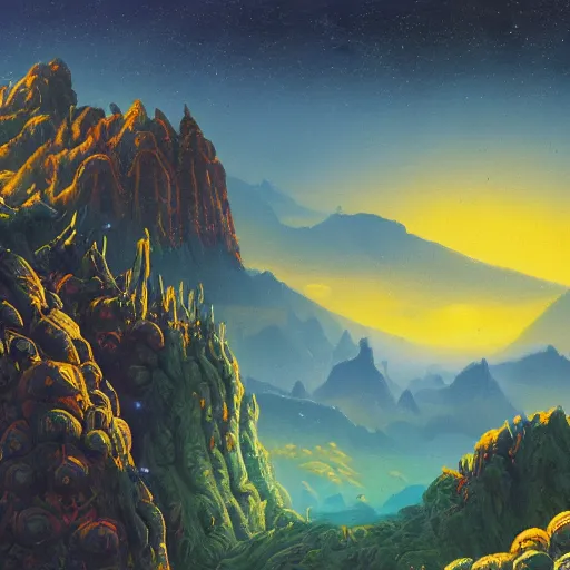 Prompt: alien landscape terrain with mountains and strange plants in the style of Paul Lehr detailed painting