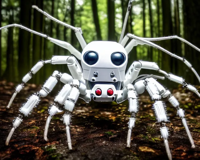 Image similar to photo of a white terminator spider with biomechanical cybernetic body with antennas and visor cogs and gears and components in the forest. cyberpunk horror style. highly detailed 8 k. intricate. nikon d 8 5 0 5 5 mm. award winning photography.