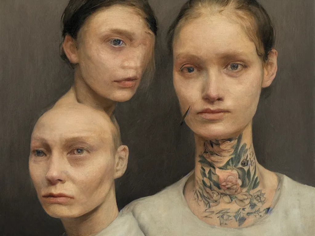 Image similar to very close up portrait of a young tattooed blind woman. painting by borremans