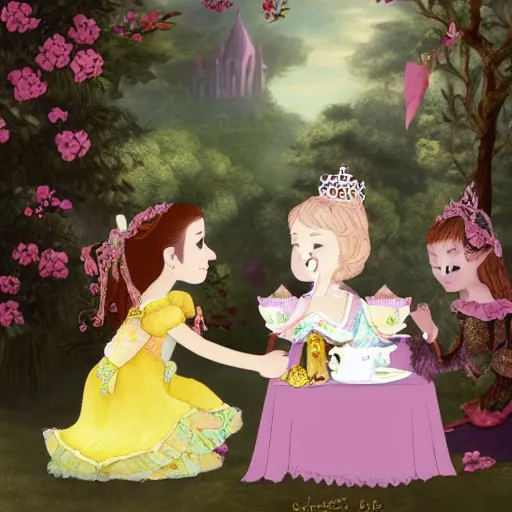 Image similar to A beautiful young little princess and a regal ancient dragon have a tea party