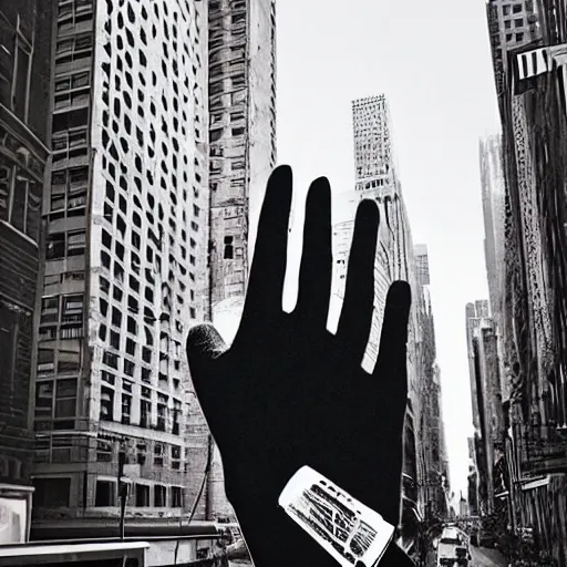 Image similar to a giant hand appear from street of new york