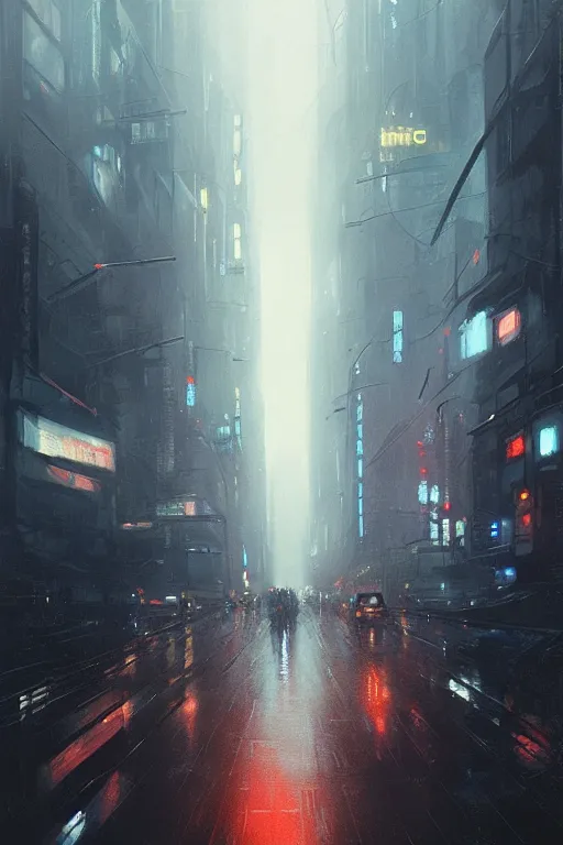 Prompt: busy street view, blade runner, by greg rutkowski, highly detailed portrait, digital painting, artstation, concept art, smooth, sharp foccus ilustration, artstation hq