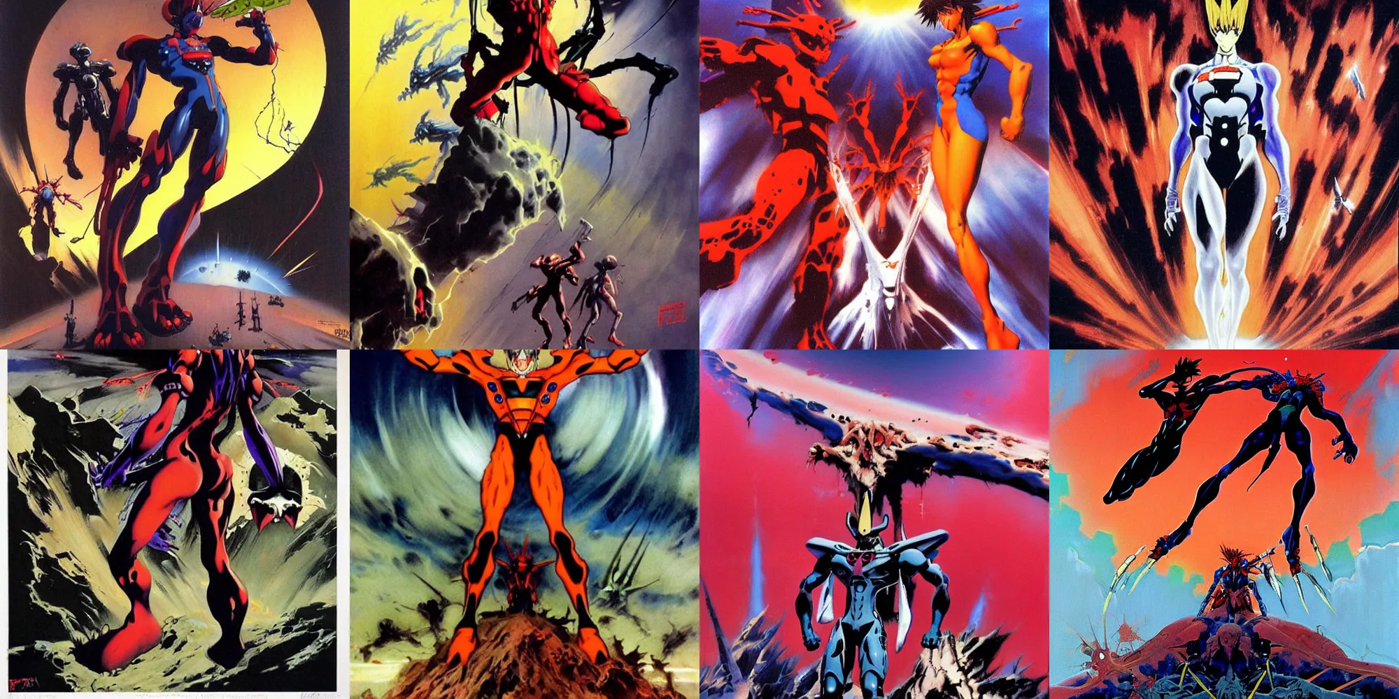 Prompt: Neon Genesis Evangelion by Frank Frazetta