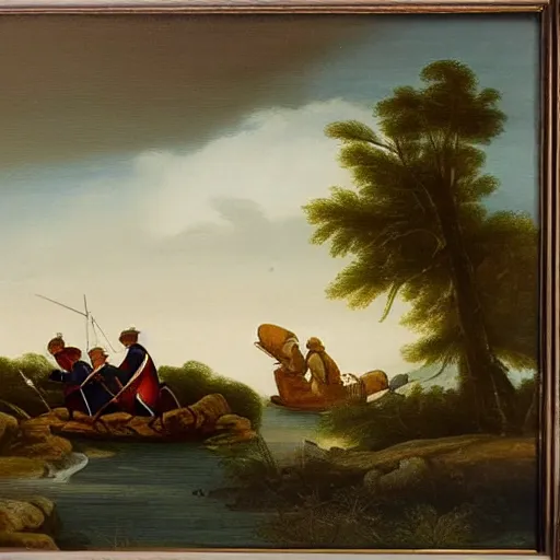 Image similar to colonial soldier crossing river boat landscape waves winter moonlight color oil painting in the style or raphael