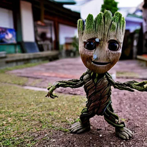 Prompt: baby groot in a japanese village