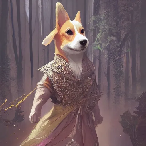 Prompt: a corgi mage wearing a beautiful and intricate robe, mystical forest background, d & d character art, highly detailed digital illustration, greg rutkowski, trending on artstation