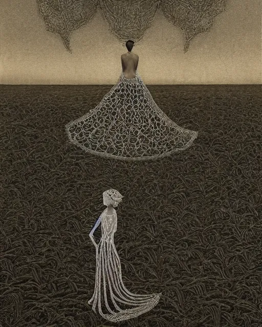 Prompt: an woman standing on a beach, made of intricate decorative lace leaf skeleton, in the style of the dutch masters and gregory crewdson, dark and moody