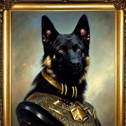 Image similar to a portrait of a manly and muscular black german shepherd dogman canine, star trek the next generation. highly detailed painting by gaston bussiere, craig mullins, j. c. leyendecker, furry