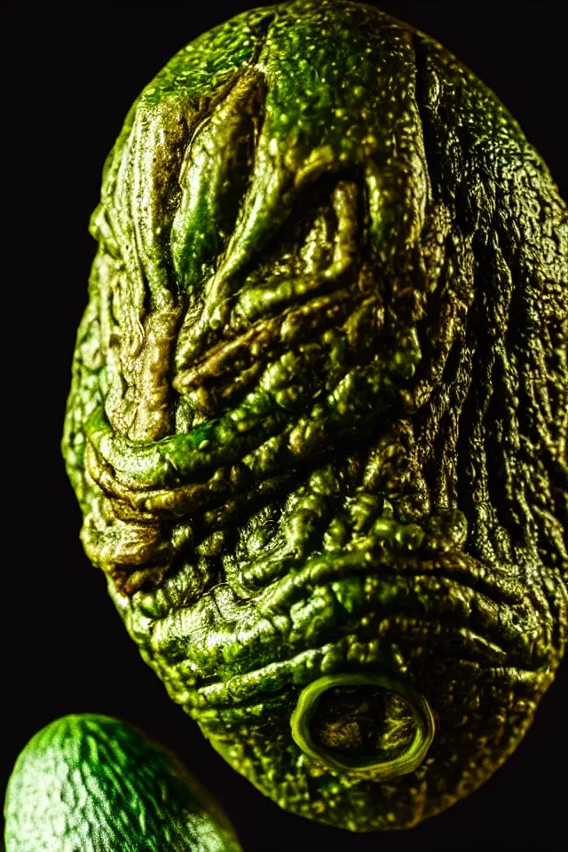 Image similar to renaissance portrait close up of highly detailed respected dragonskinned avocado, fake mustache, dramatic cinematic lighting, 8 k